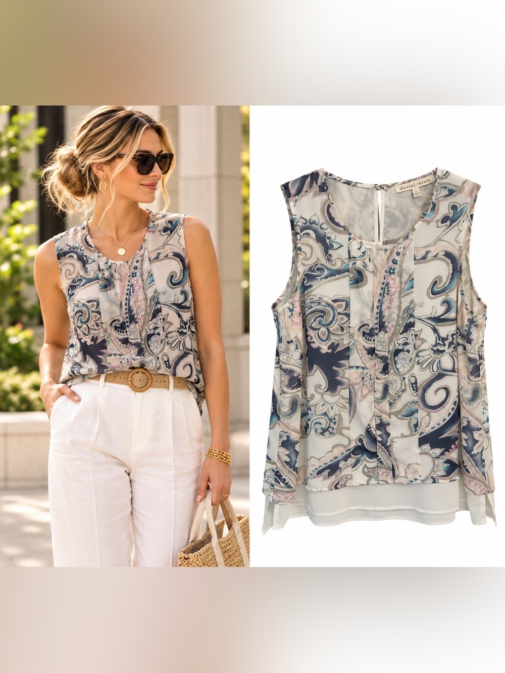 Daniel Rainn Paisley Chiffon Sleeveless Blouse Size Large Layered Hem
